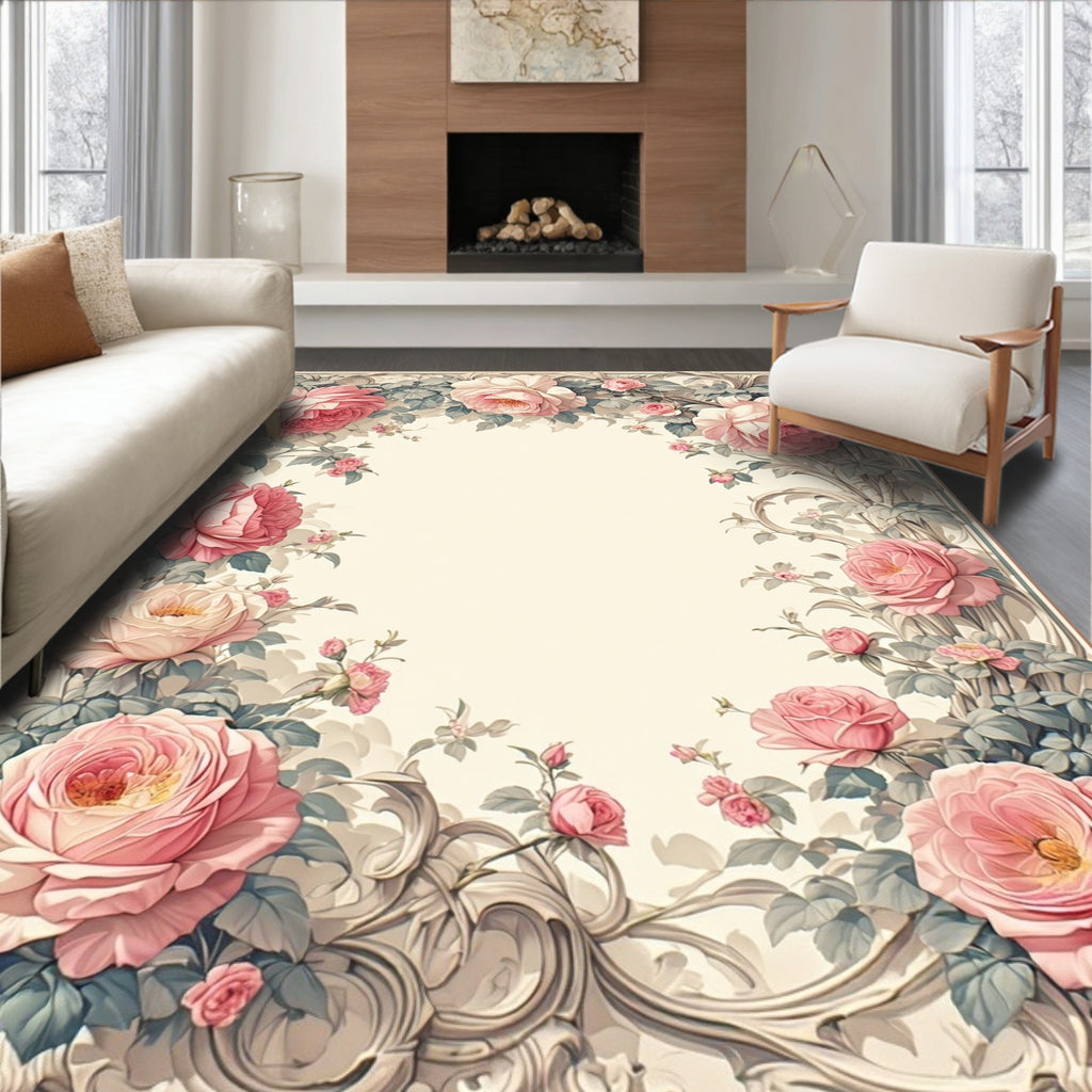 Pink Romantic Floral Swirl Design Rug