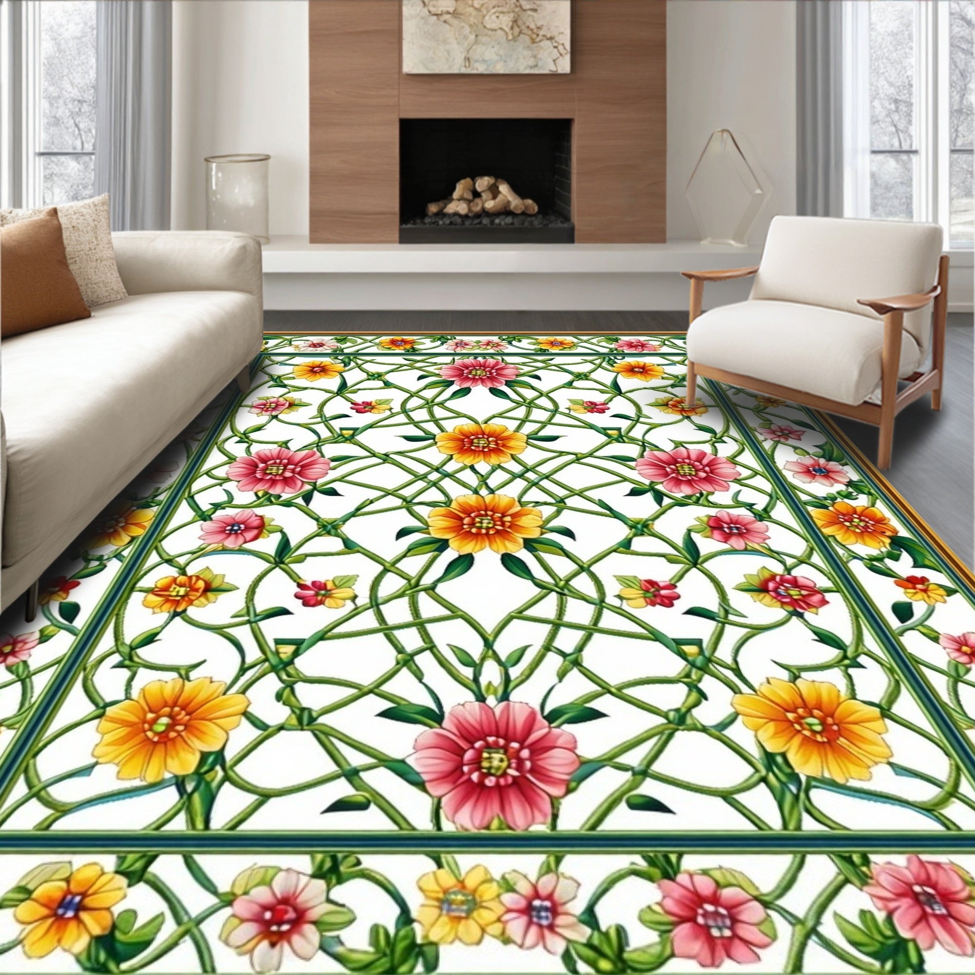 Vibrant Floral Vine Lattice Print Rug