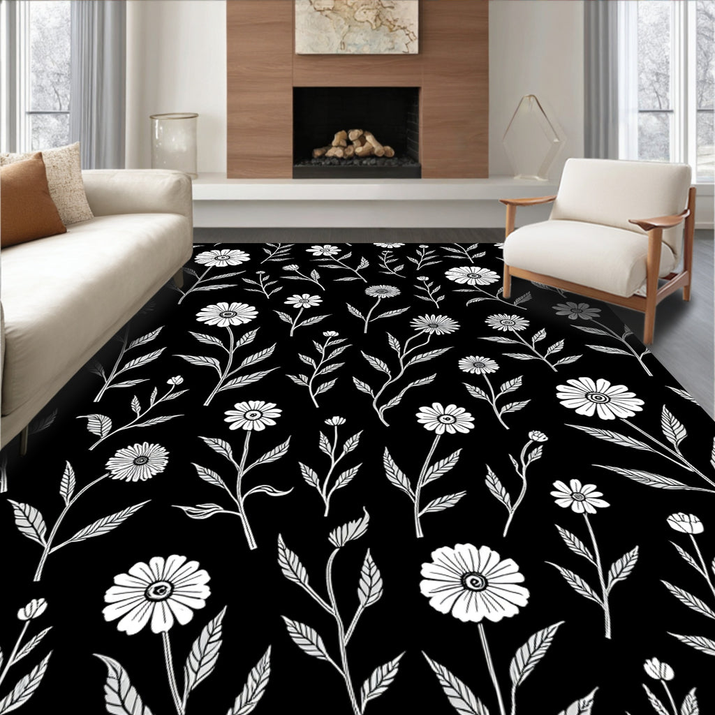 White Daisy Floral Pattern Black Rug