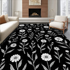 White Daisy Floral Pattern Black Rug