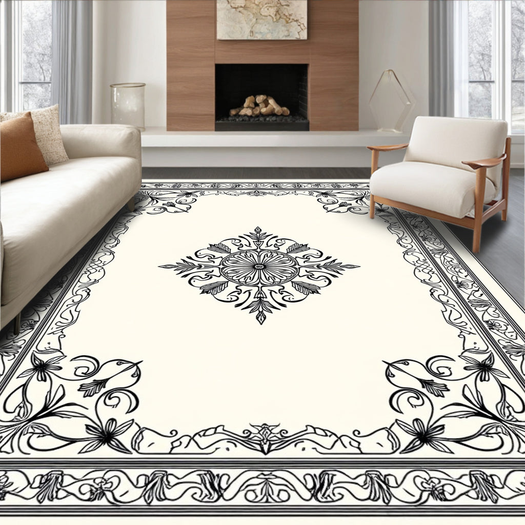 Elegant Black Floral Frame Design Rug