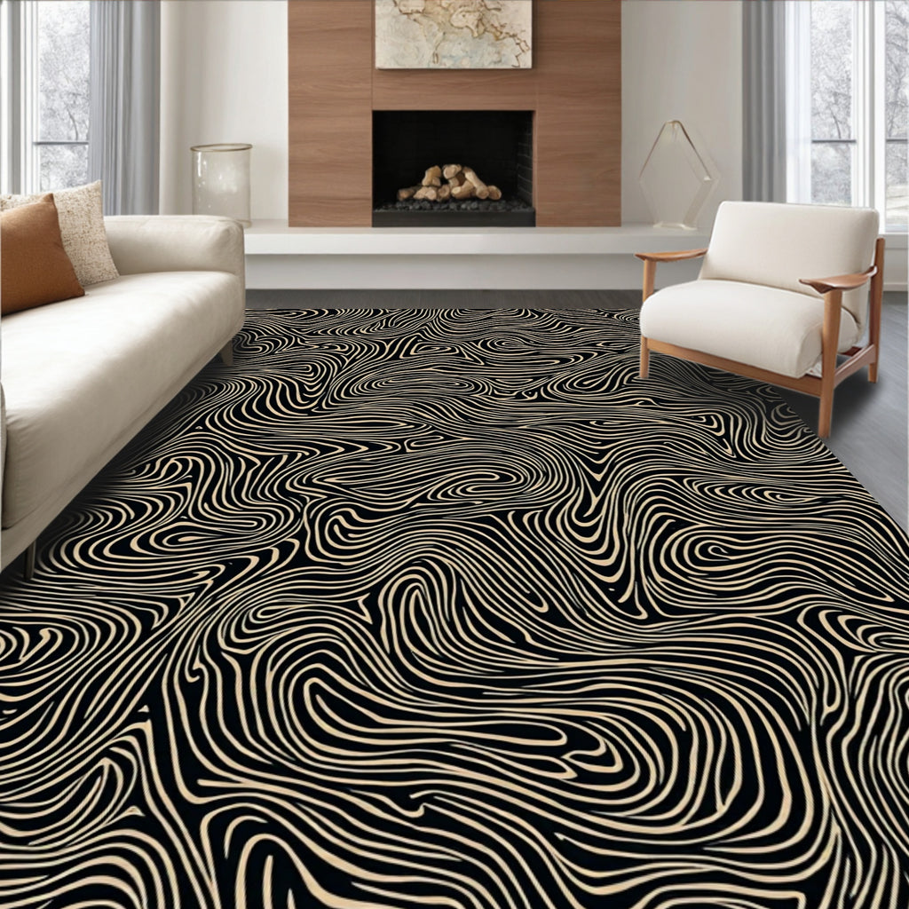 Black And Beige Swirl Pattern Rug