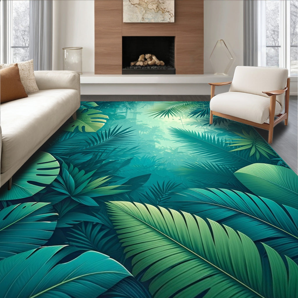 Lush Tropical Jungle Leaf Pattern Rug