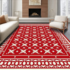 Red Cream Geometric Folk Pattern Rug