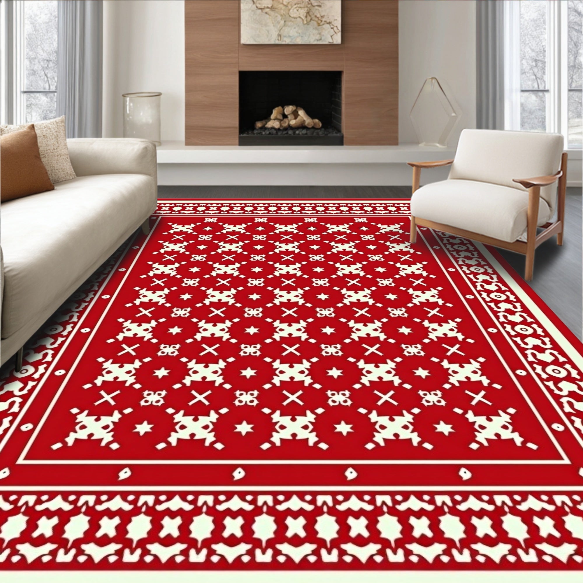Red Cream Geometric Folk Pattern Rug