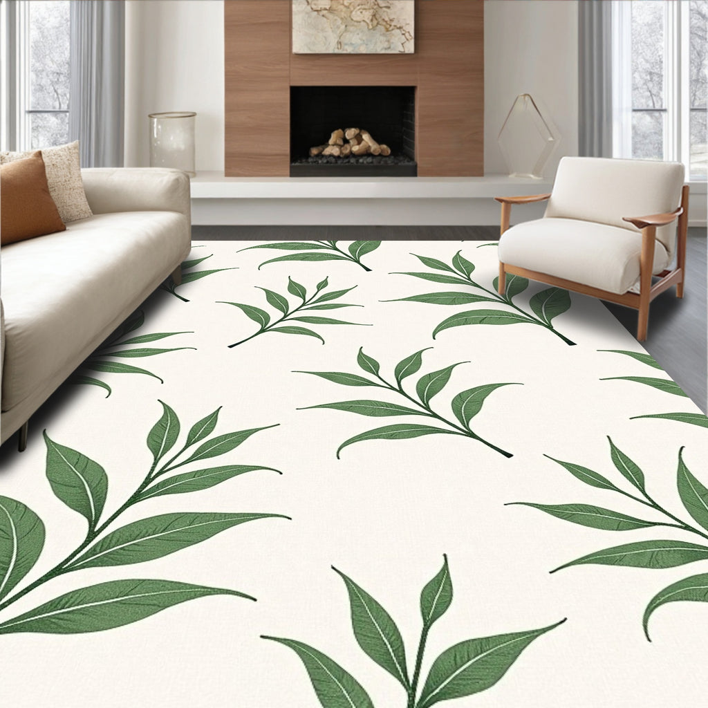 Green Leaf Branches Cream Background Rug