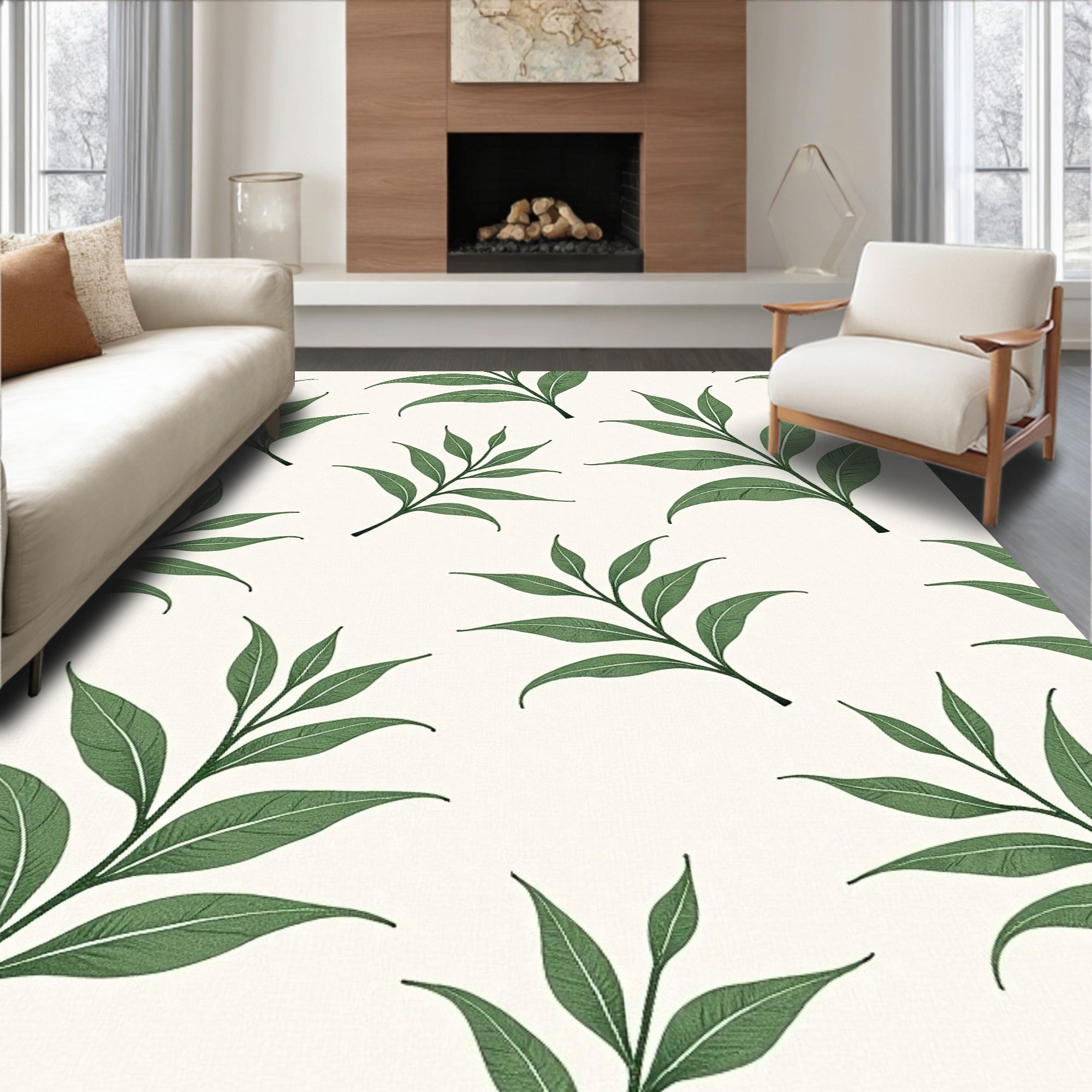 Green Leaf Branches Cream Background Rug