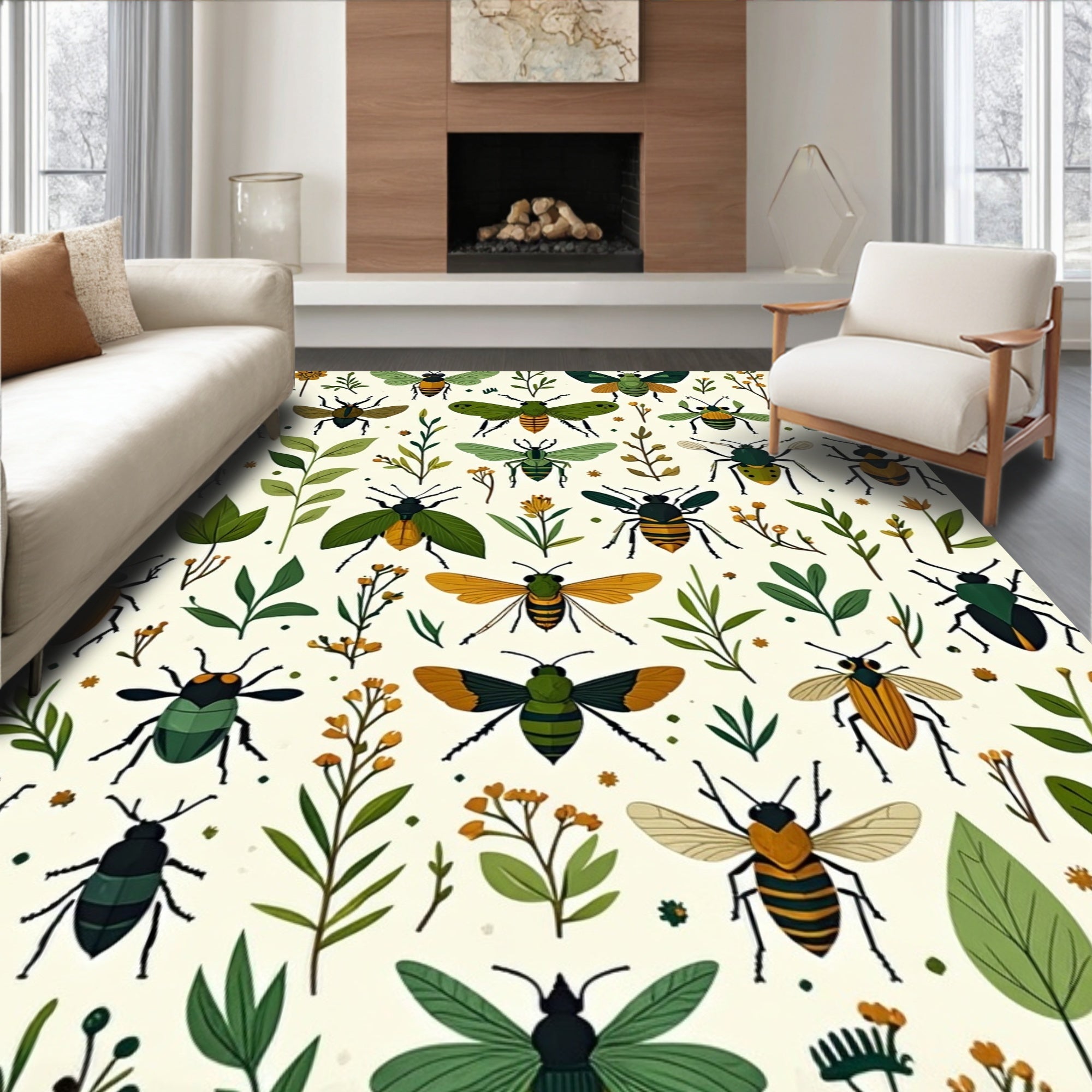 Whimsical Insects Botanical Garden Pattern Rug