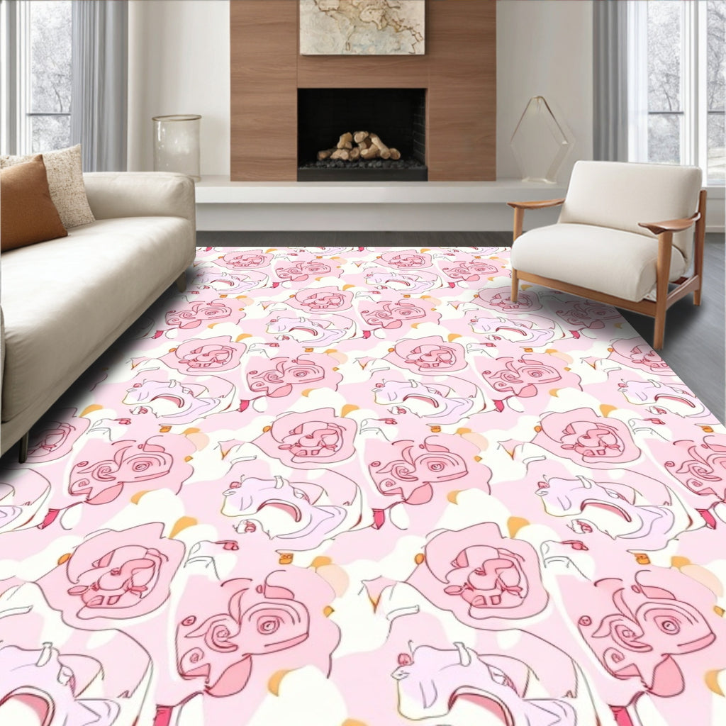 Pink Floral Line Art Pattern Rug