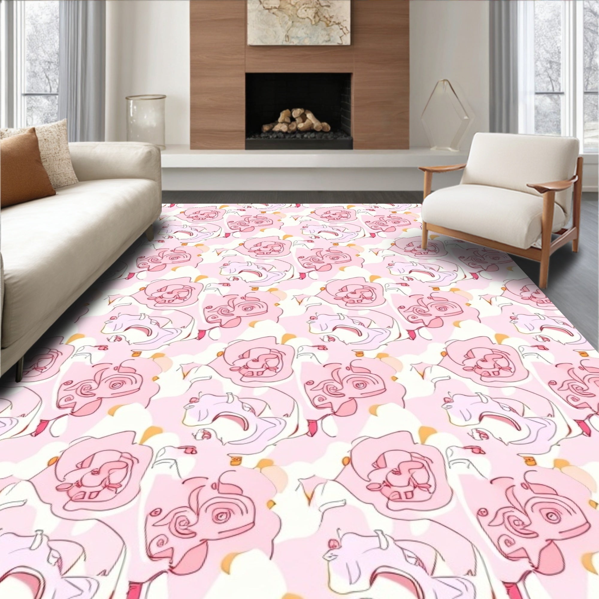 Pink Floral Line Art Pattern Rug