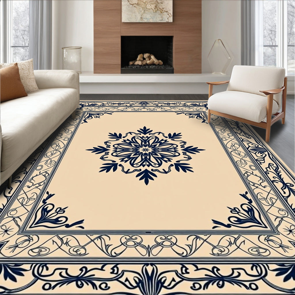 Navy Classic Floral Medallion Border Rug