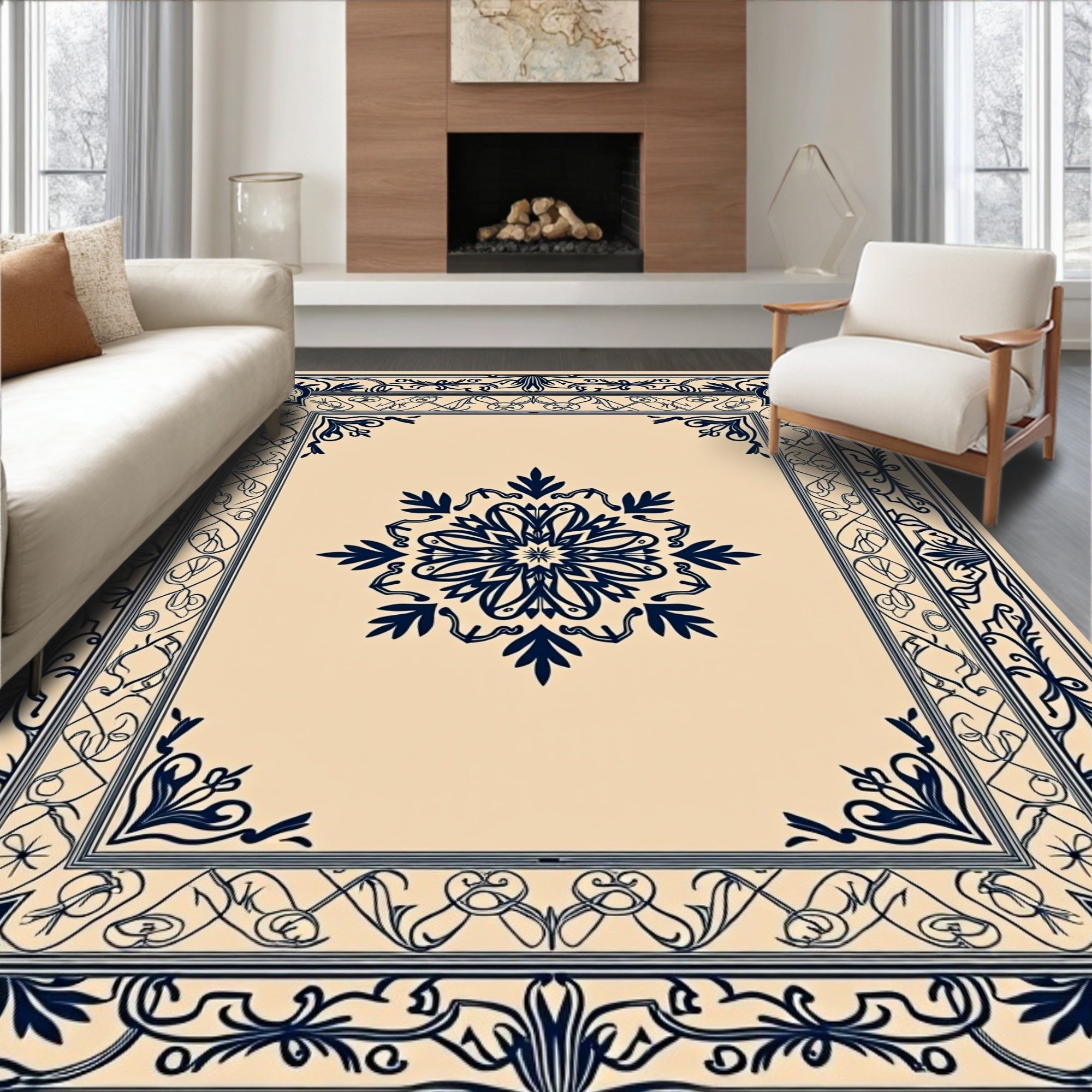 Navy Classic Floral Medallion Border Rug