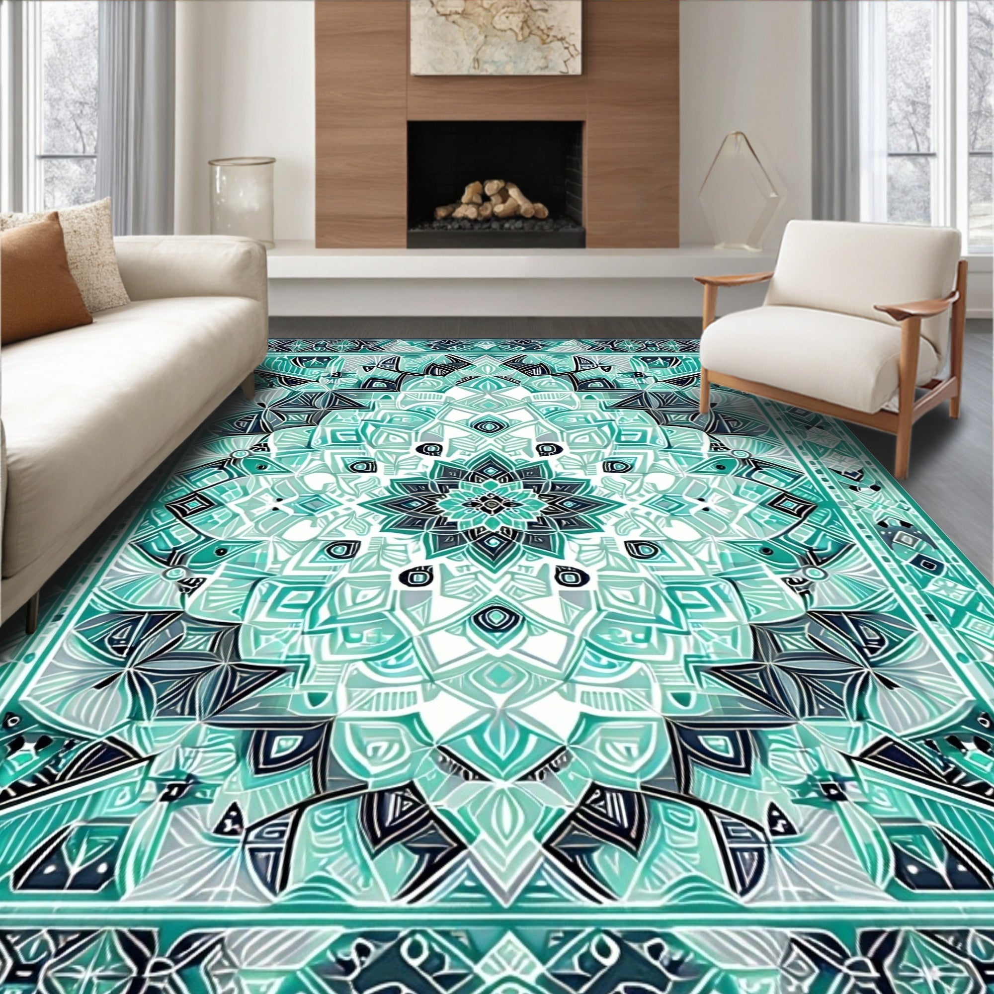 Mandala Teal Geometric Graphic Rug