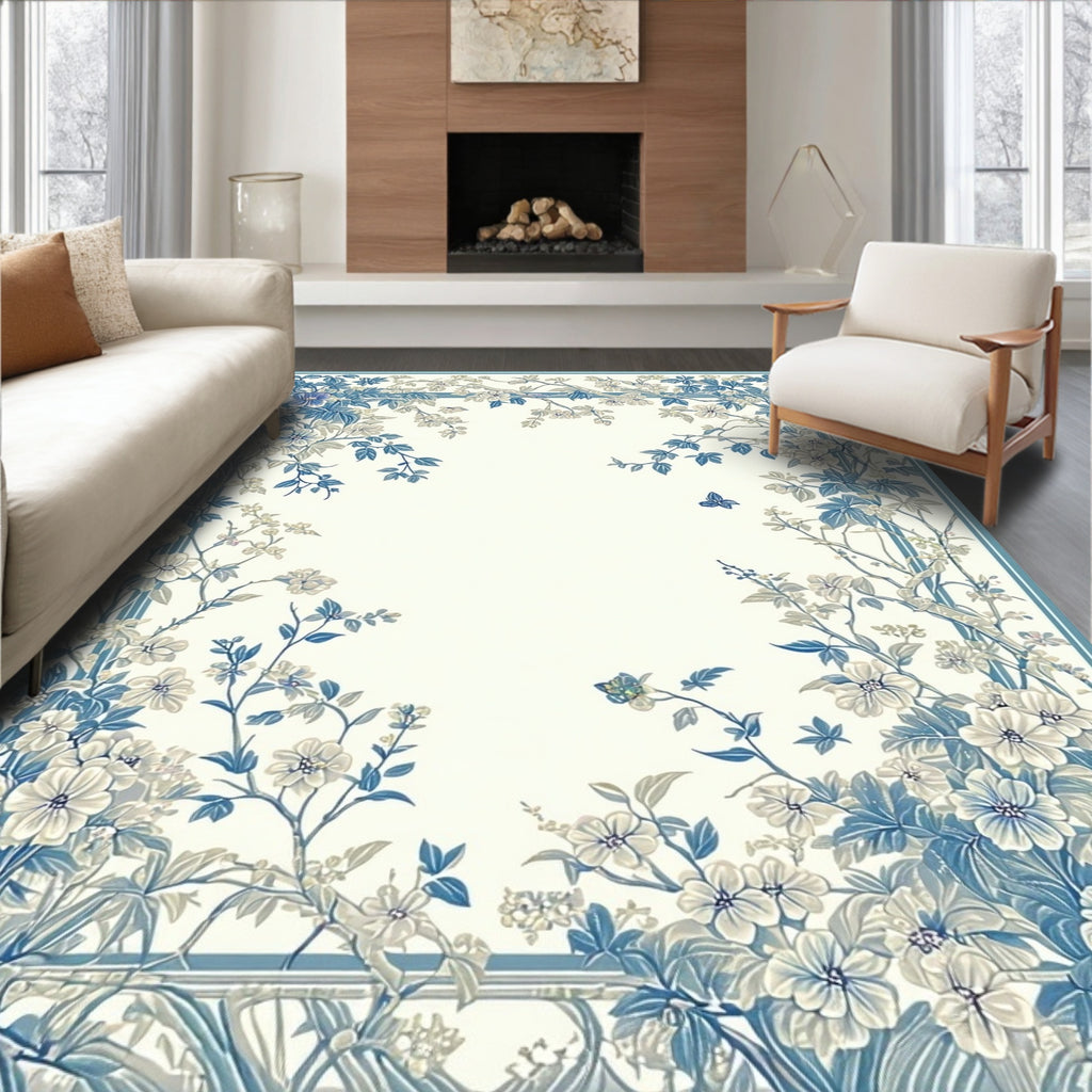 Blue Floral Vines With Butterflies Design Rug