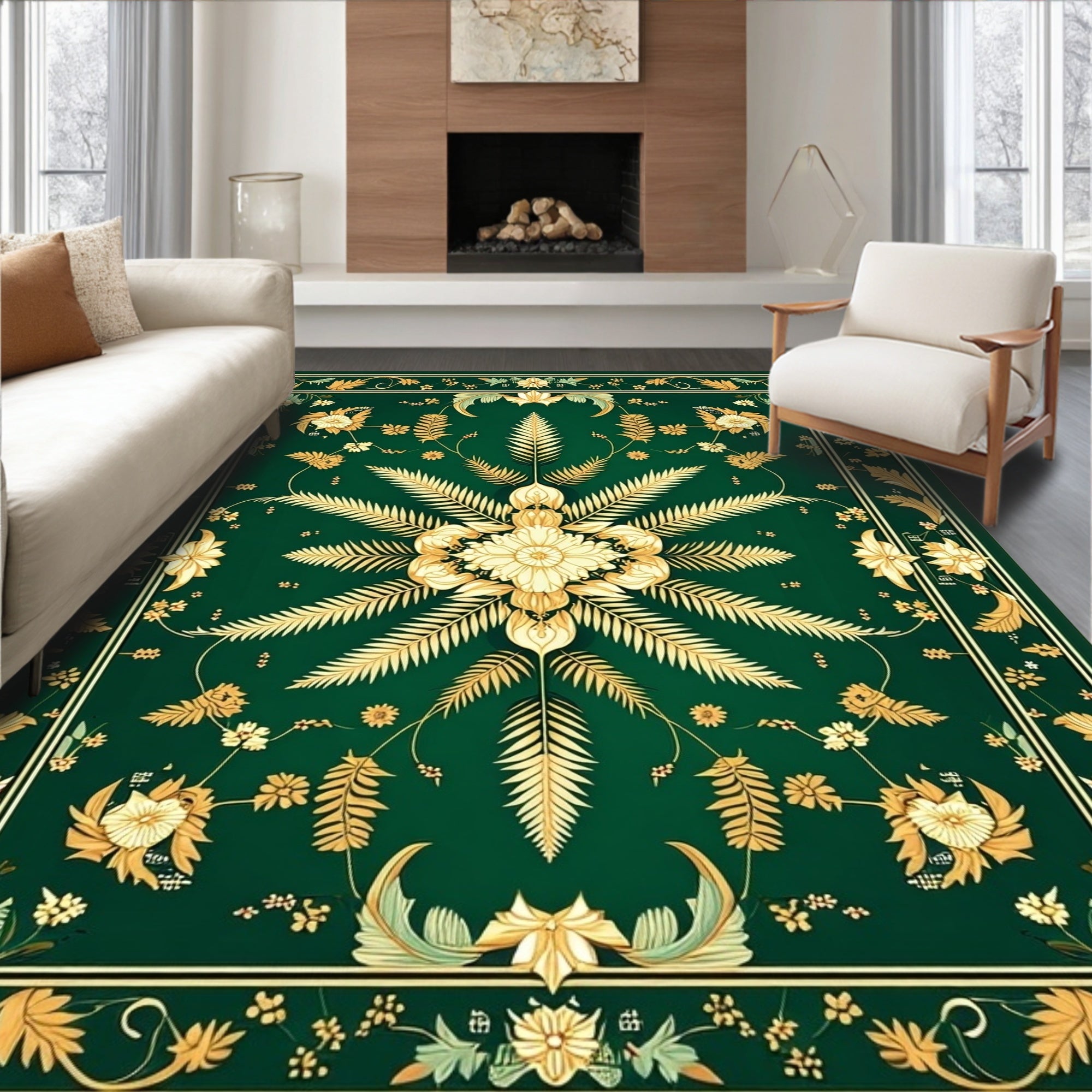 Emerald Green Floral Art Nouveau Rug