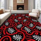 Bold Red Swirl Fern Black Rug