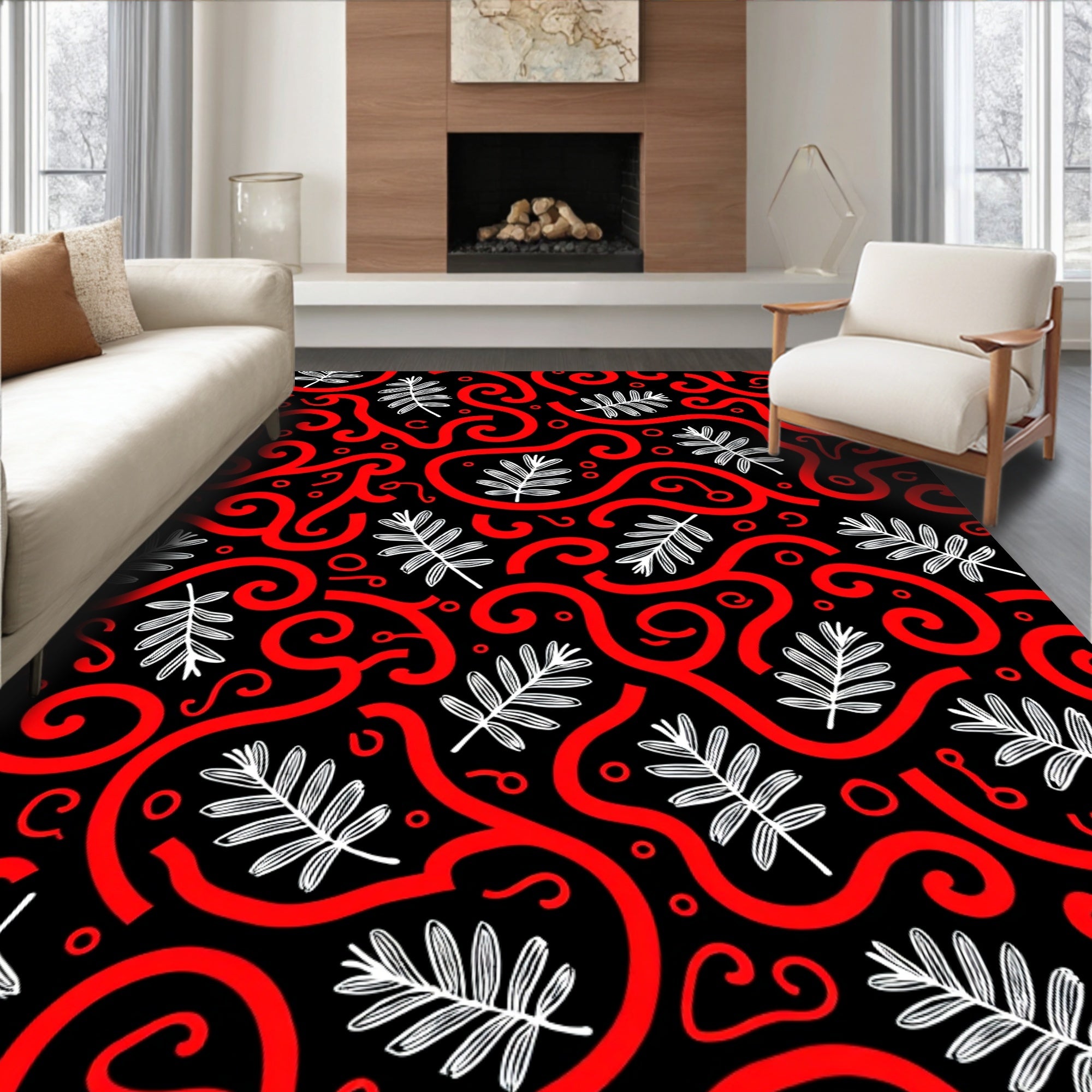 Bold Red Swirl Fern Black Rug