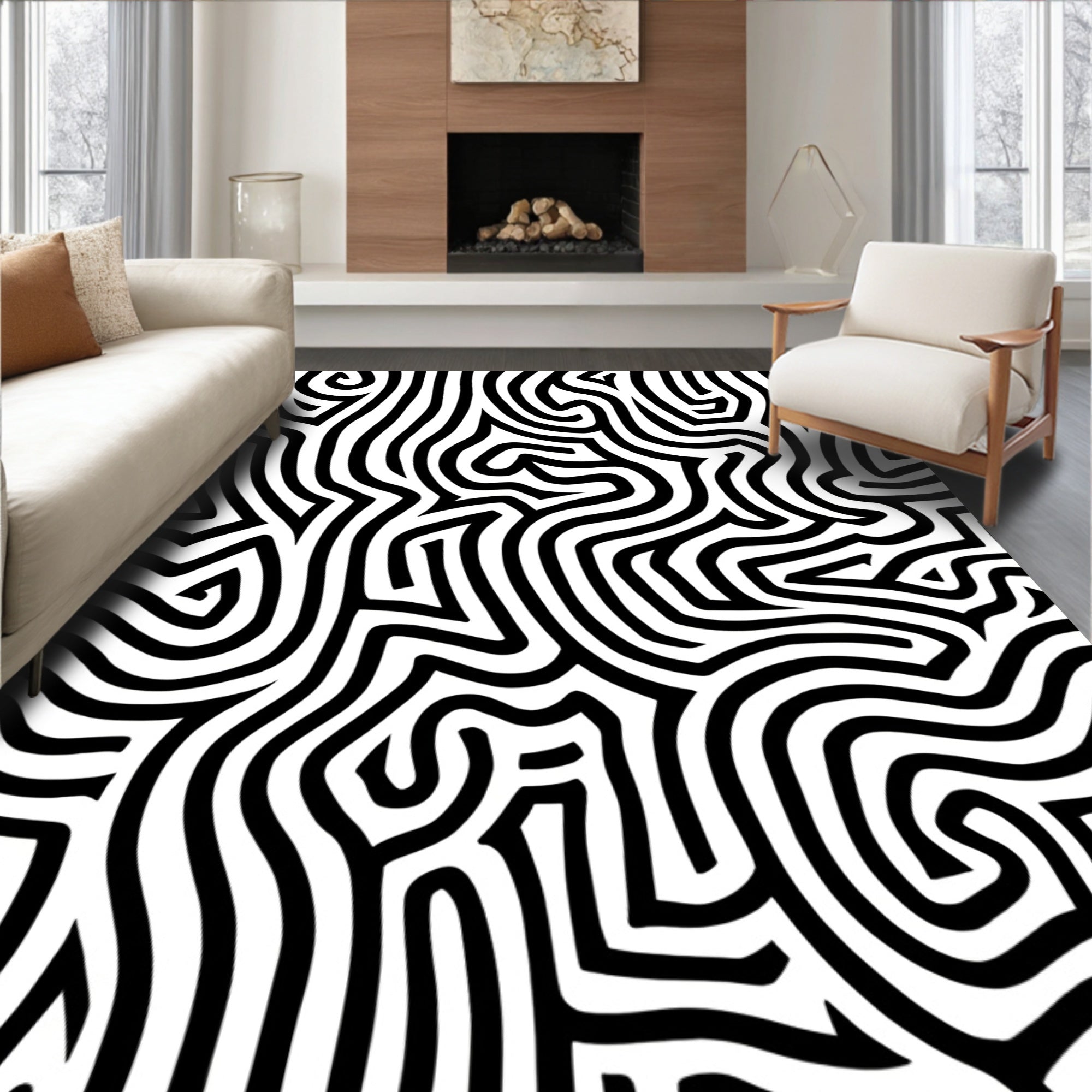 Abstract Black White Maze Pattern Rug