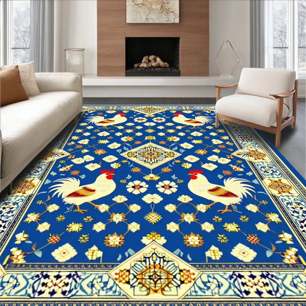 Roosters Floral Geometric Blue Rug