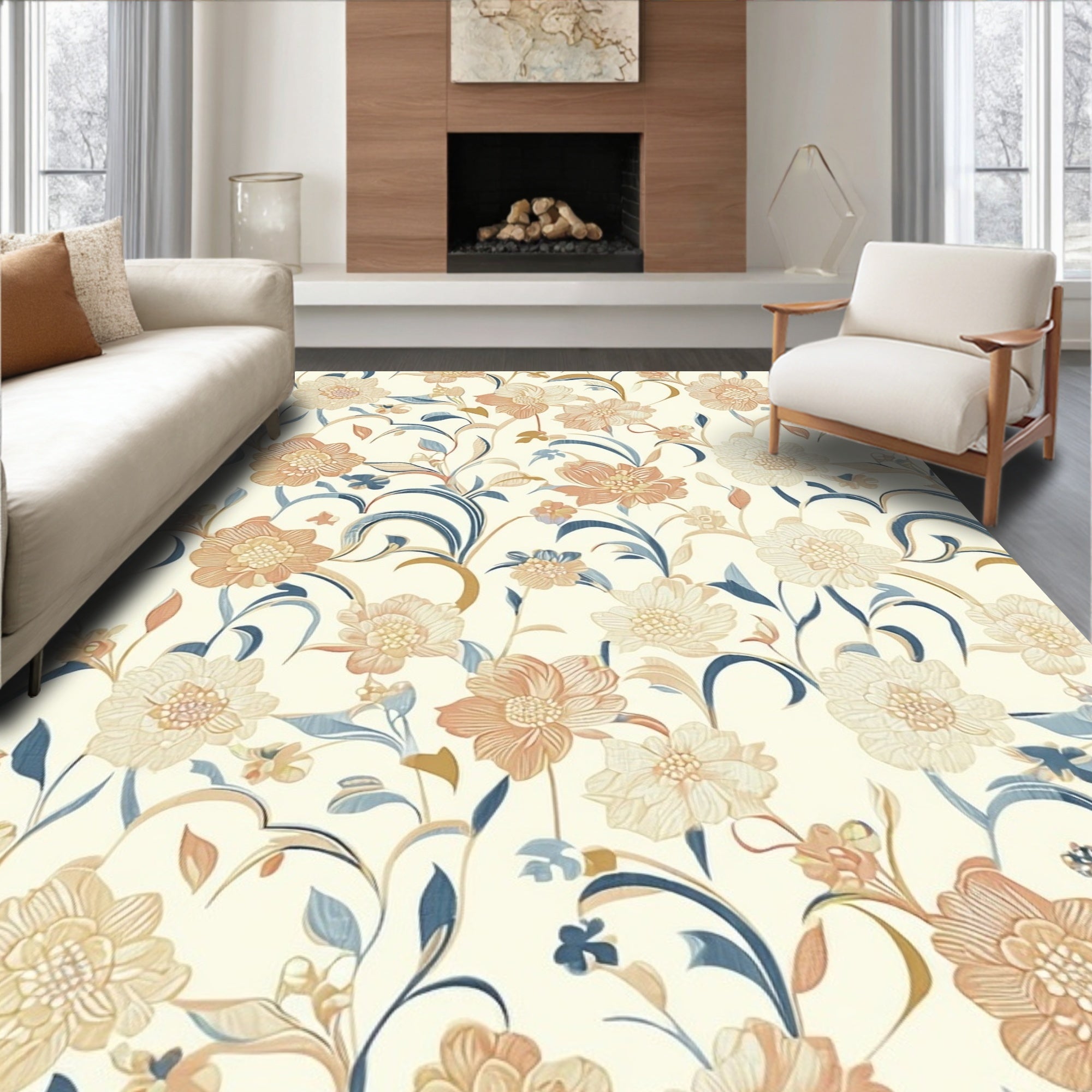 Cream Floral Vine Pattern Rug
