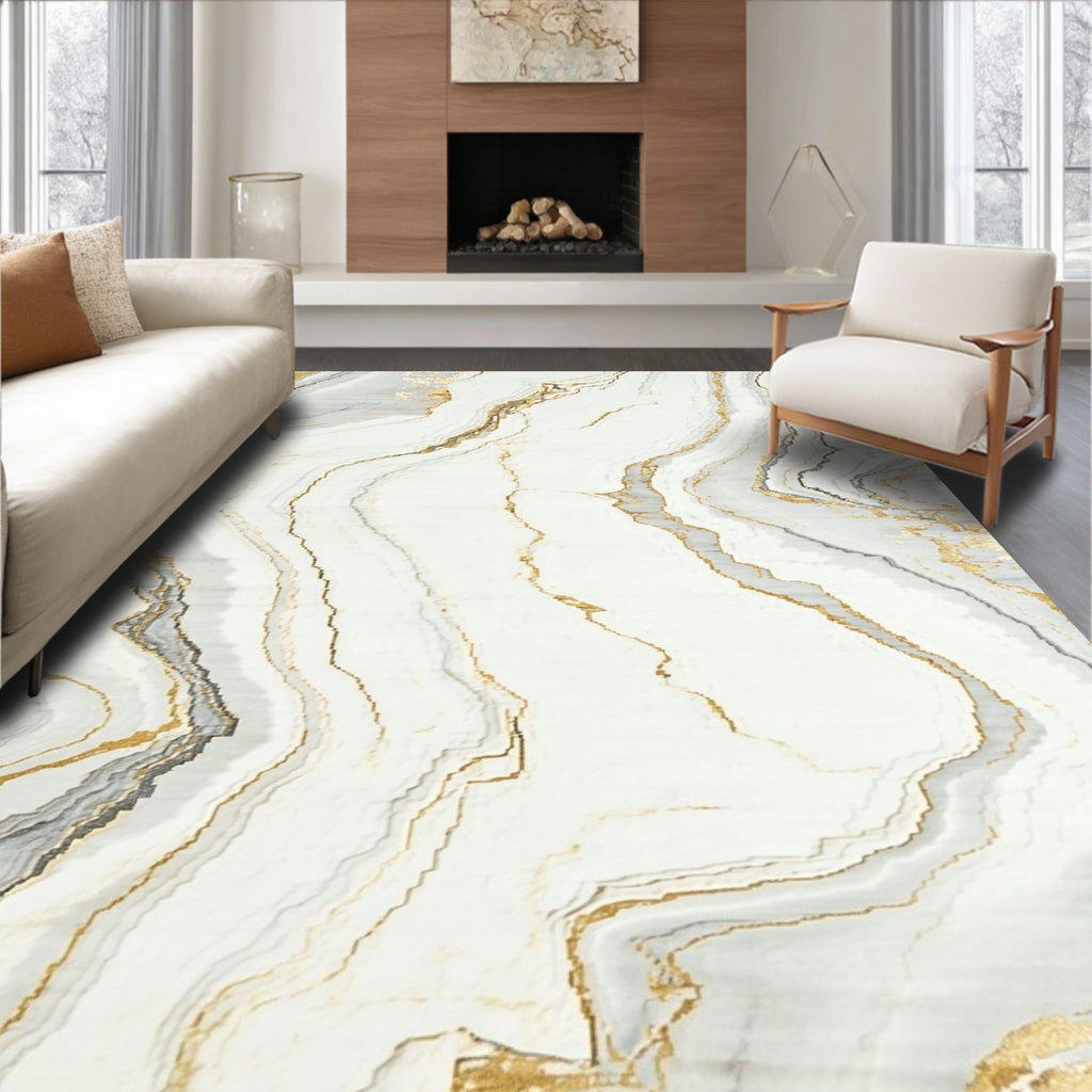 White Marble Abstract Gold Vein Rug