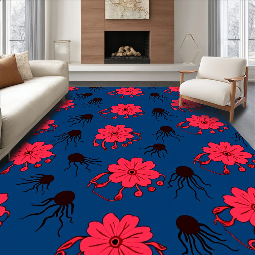 Red Floral Tentacle Pattern Rug