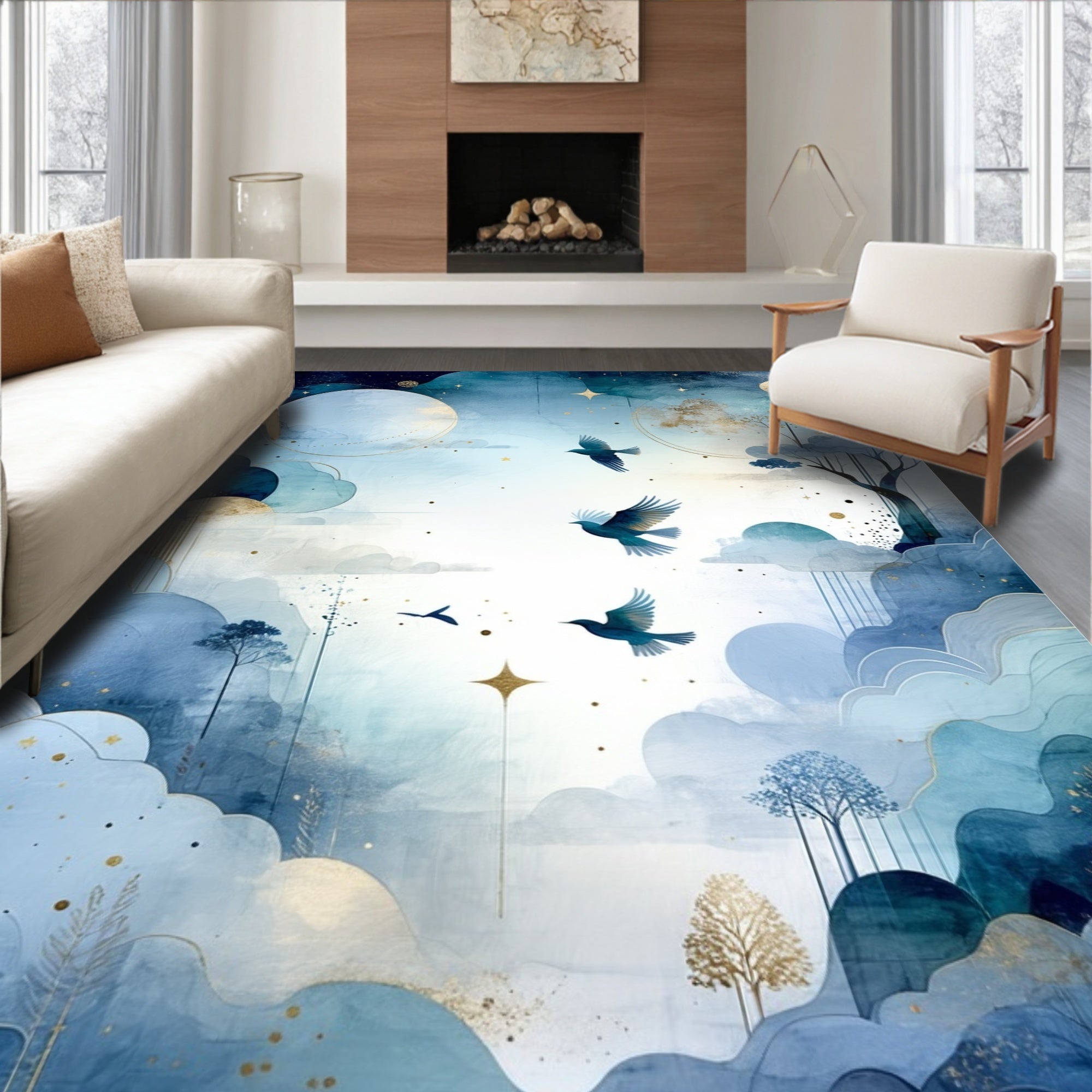 Dreamy Sky Birds Clouds Pattern Rug