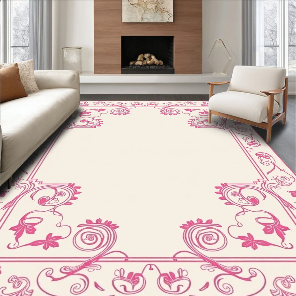 Ornate Pink Floral Scroll Border Rug
