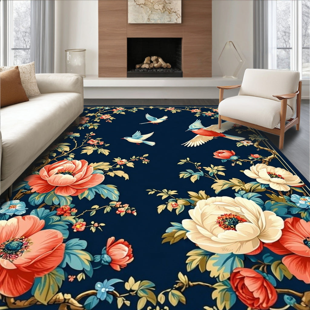 Chinoiserie Birds Blooming Floral Garden Rug