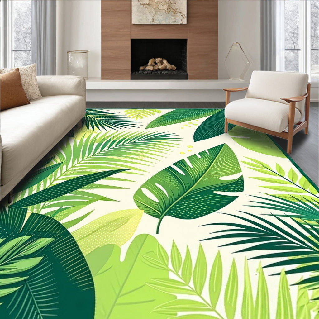 Lush Green Tropical Leaves Pattern Rug