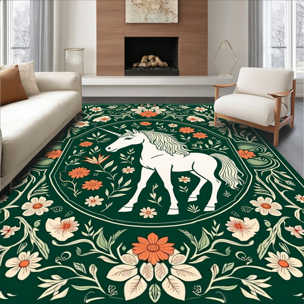 Enchanted Unicorn Floral Meadow Design Rug