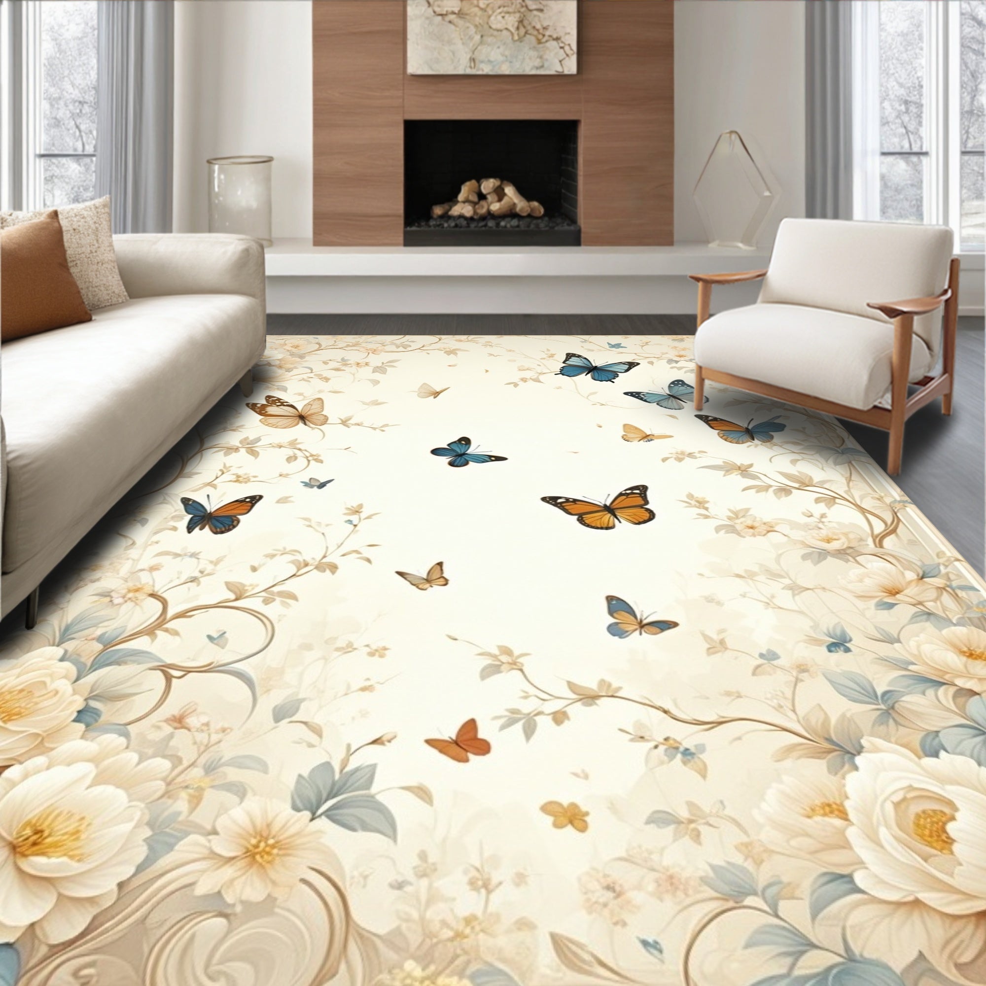 Delicate Floral Butterfly Pattern Rug