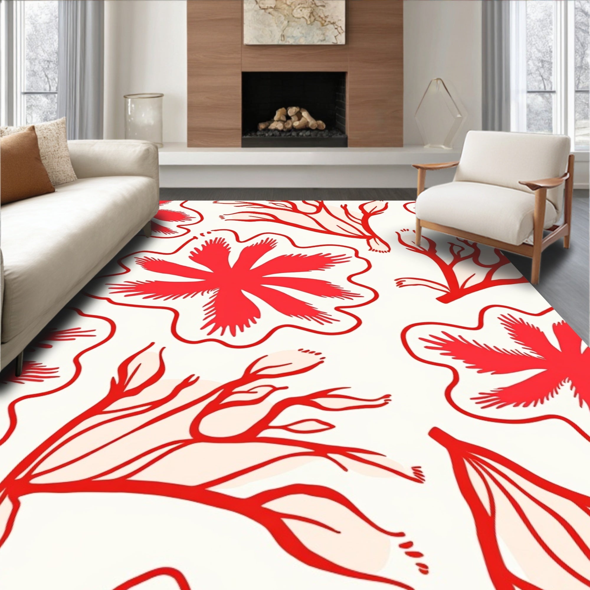 Coral Red Floral Graphic Rug