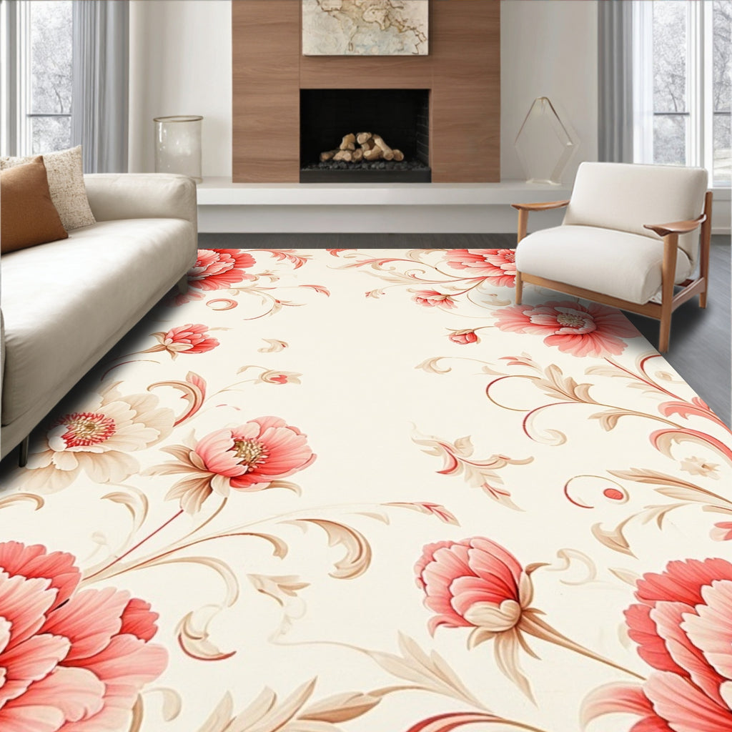 Elegant Coral And Cream Floral Design Rug