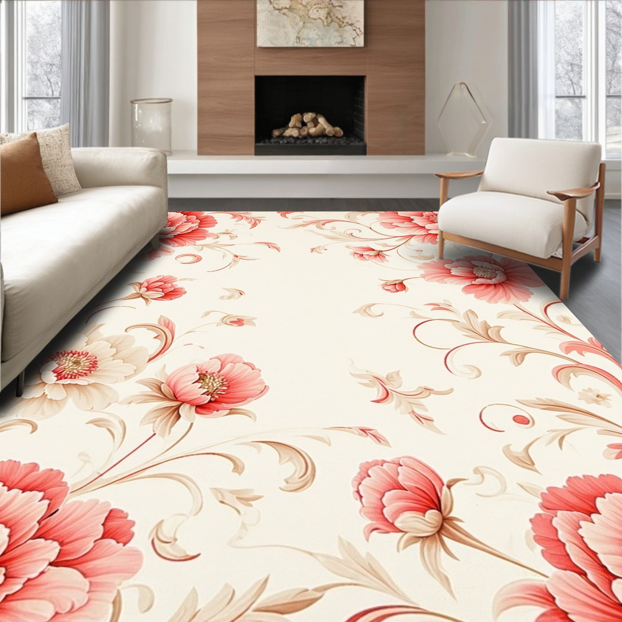 Elegant Coral And Cream Floral Design Rug