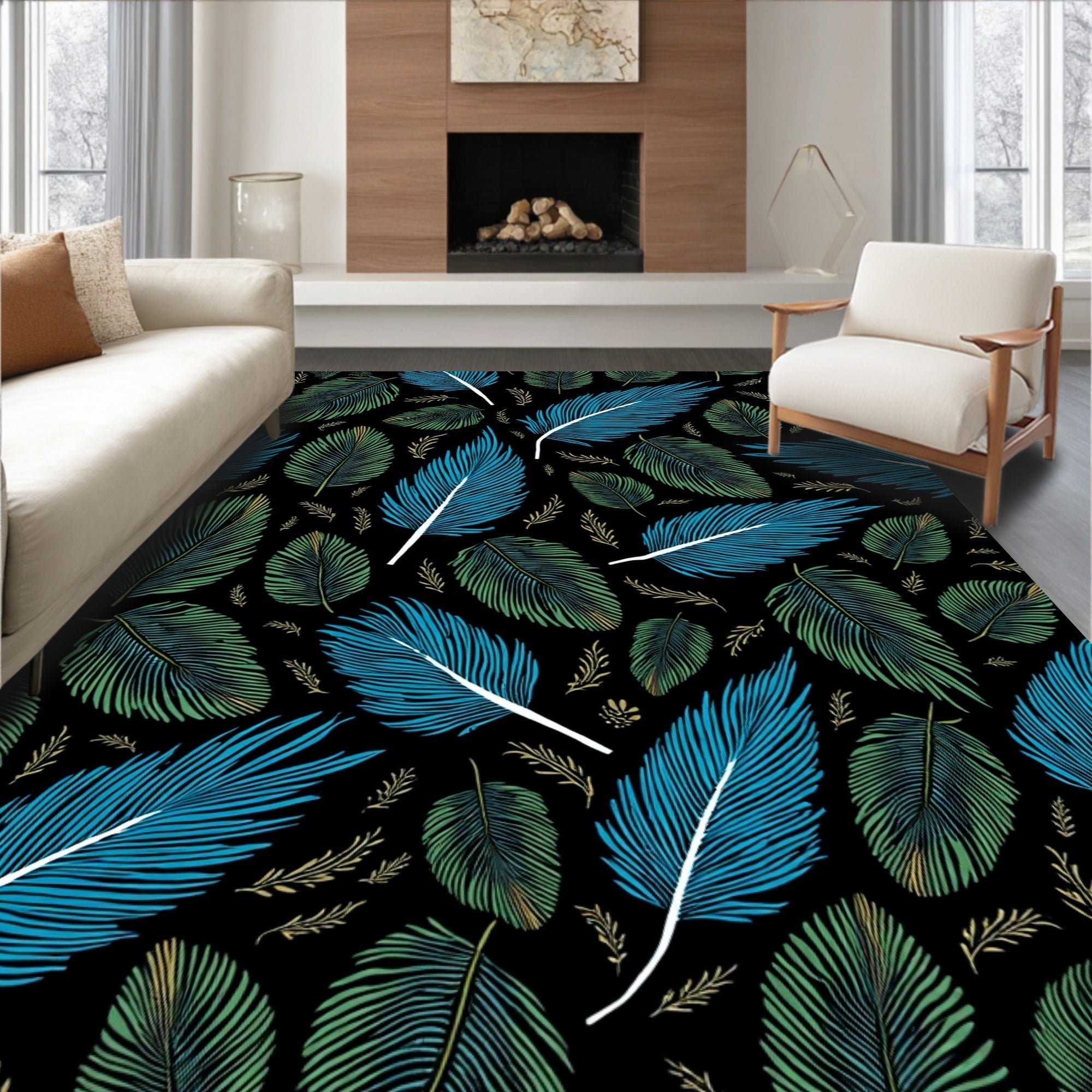 Tropical Blue and Green Leaf Pattern Rug