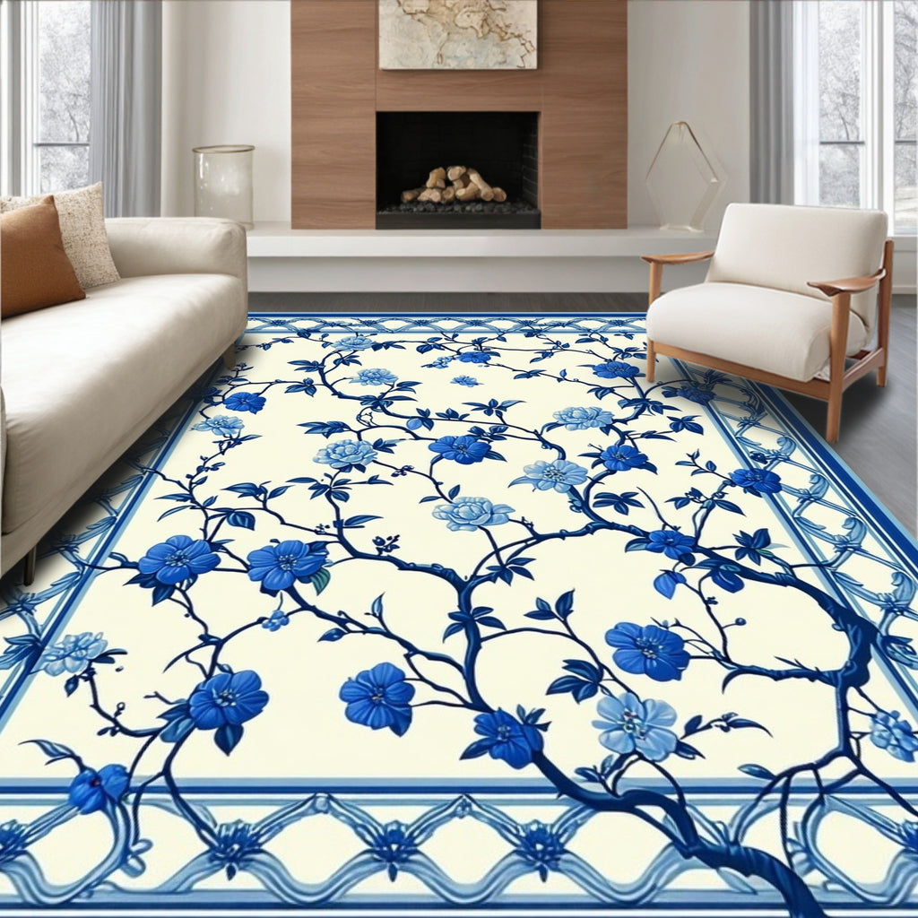 Blue Floral Vine Patterned Rug