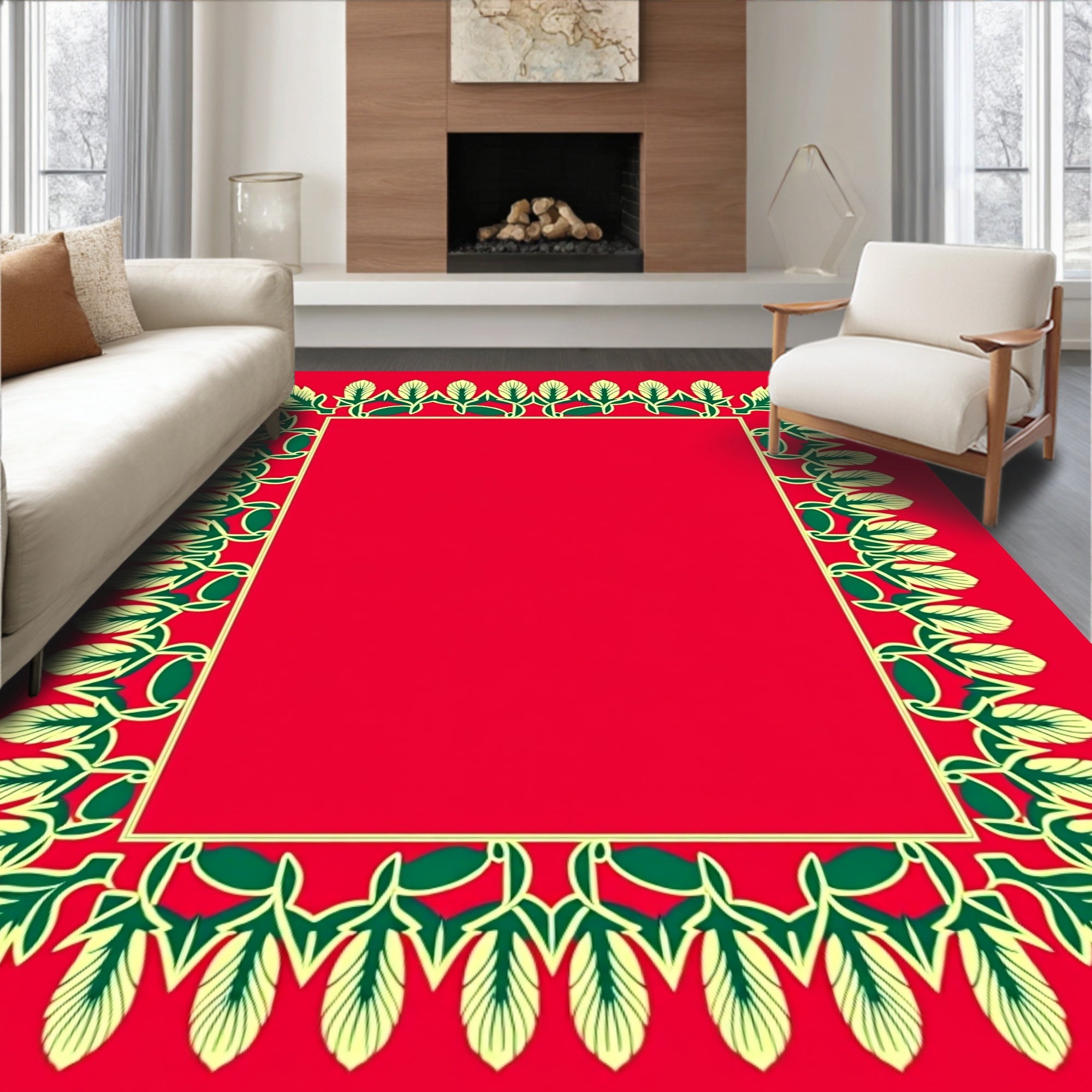 Red And Cream Floral Vine Border Rug