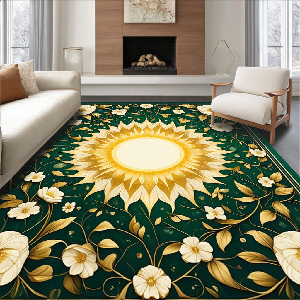 Golden Sun White Floral Scroll Pattern Rug