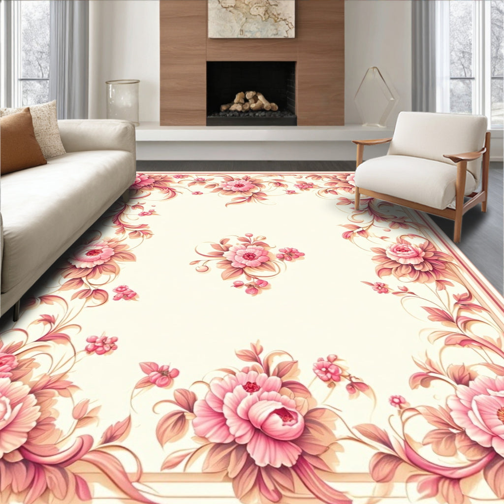 Pink Floral Border with Delicate Blossoms Rug