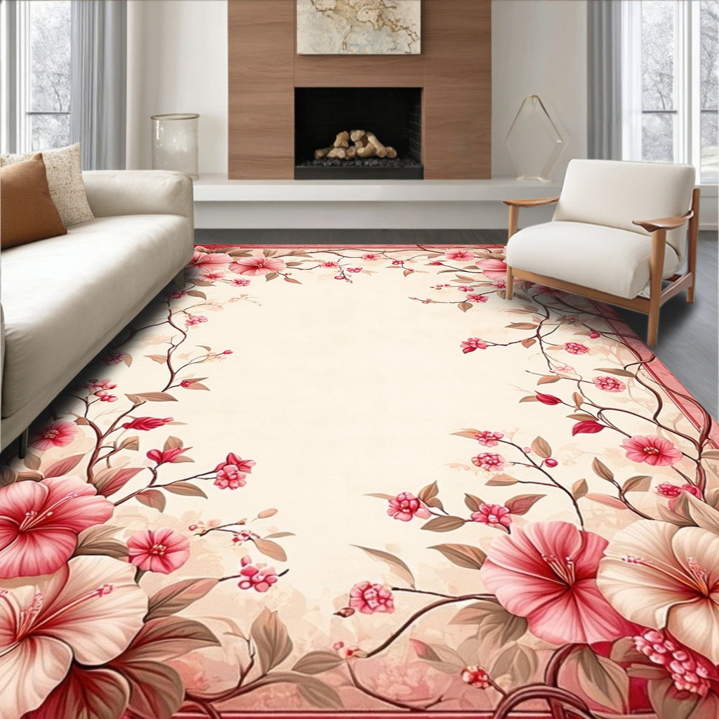 Pink Floral Vine Botanical Pattern Rug