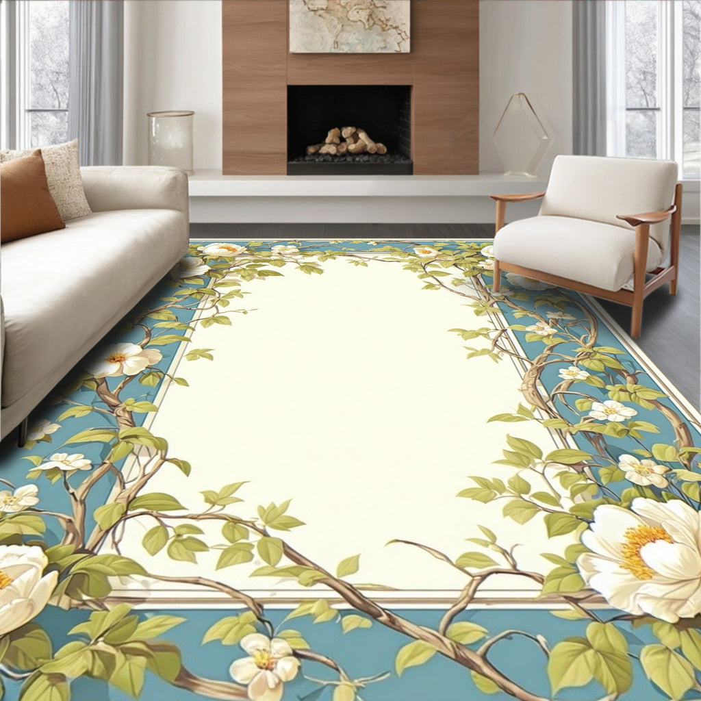 White Peony Vine Floral Pattern Rug