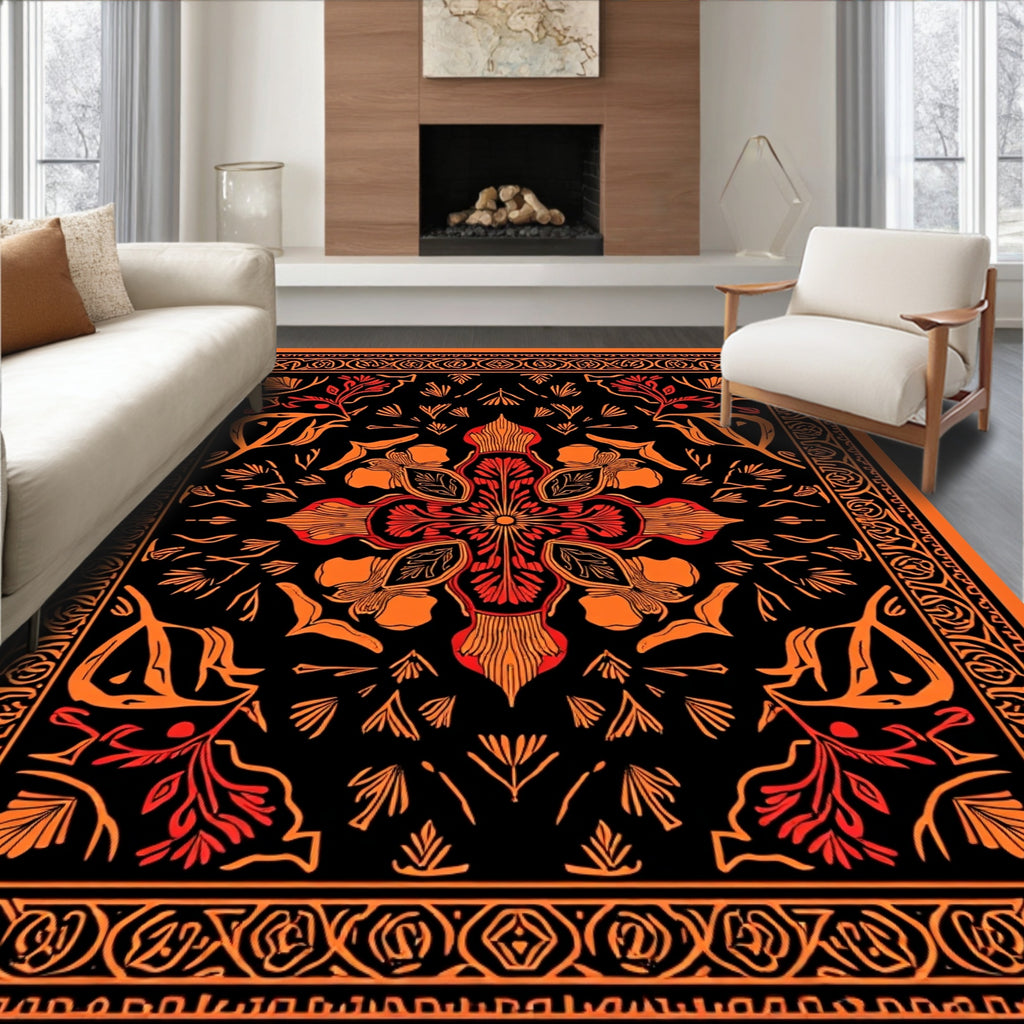 Bold Floral Motif Orange Red Rug