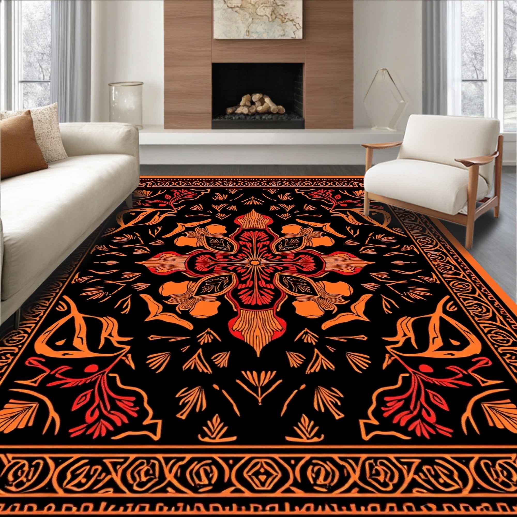 Bold Floral Motif Orange Red Rug