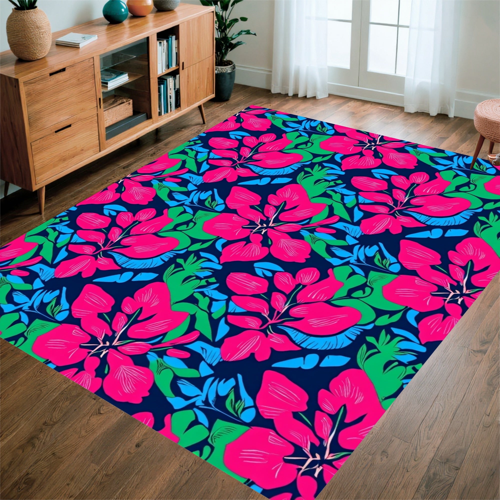 Vibrant Pink and Green Floral Pattern Rug