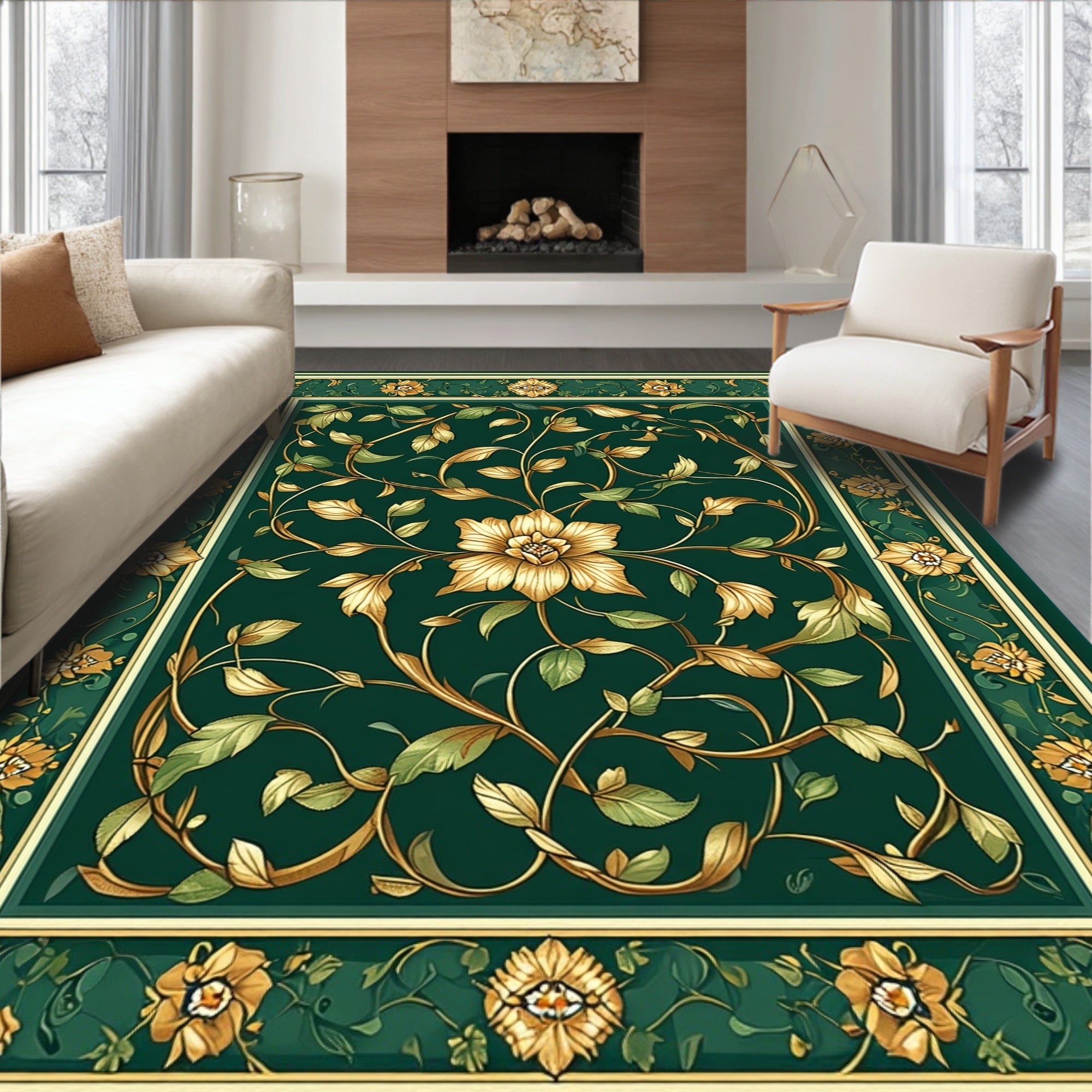 Emerald Green Floral Vine Border Rug