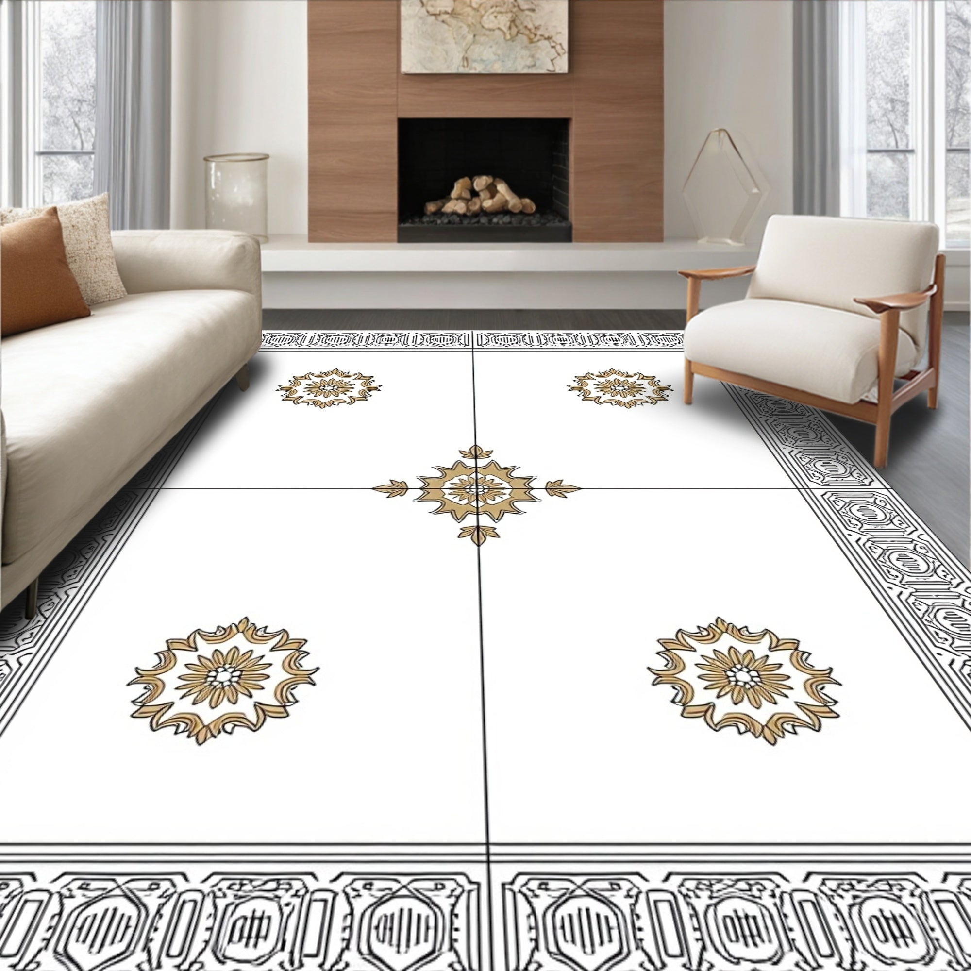 White Gold Elaborate Scroll Medallion Rug