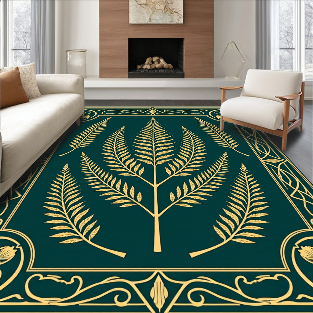 Gold Fern Swirls Green Frame Rug