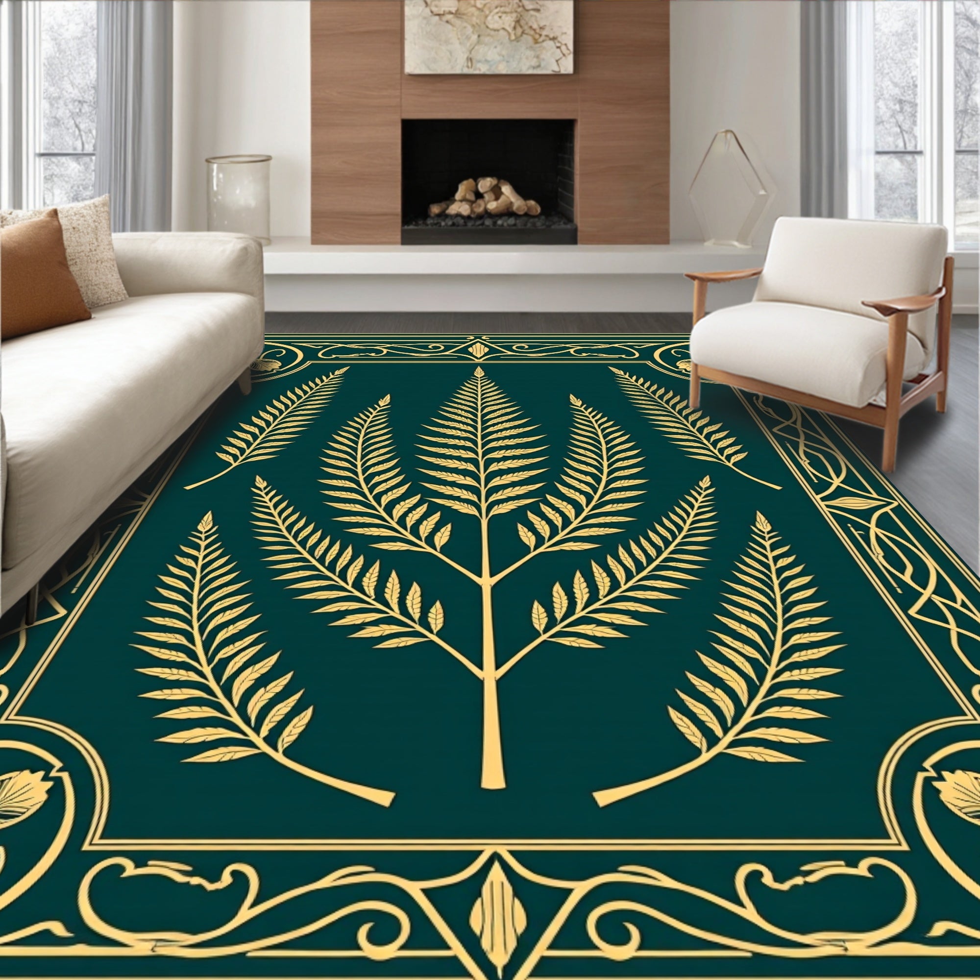 Gold Fern Swirls Green Frame Rug