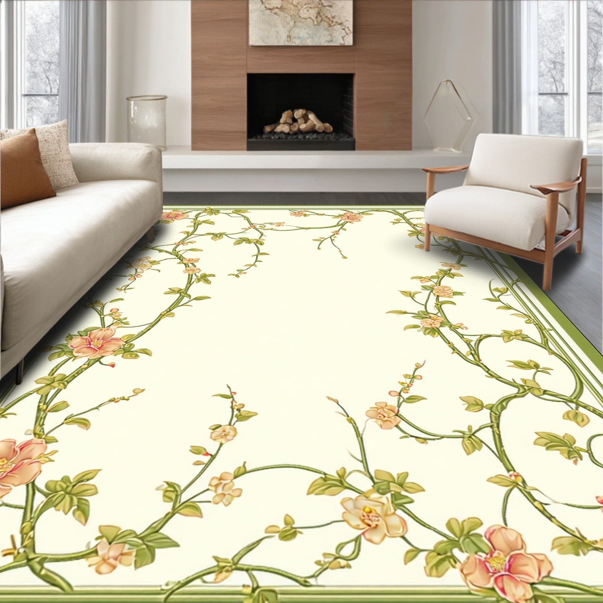 Floral Vine Bordered Naturalistic Design Rug